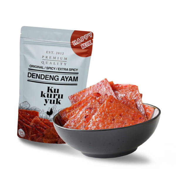 Happy Mix 3 Rasa Dendeng Slice Kukuruyuk - Daging Ayam - Cemilan Sehat 1,5kg - Halal Segar Siap Saji - Enak Tanpa MSG - Pedas Manis