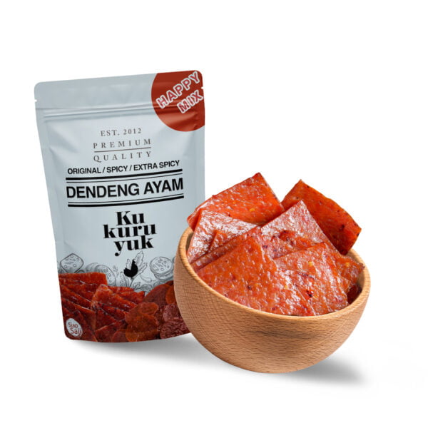 Happy Mix 3 Rasa Dendeng Slice Kukuruyuk - Daging Ayam - Cemilan Sehat 600gr - Halal Segar Siap Saji - Enak Tanpa MSG - Pedas Manis